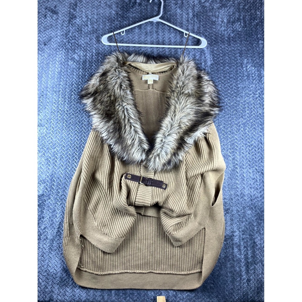Michael Kors Poncho Vest Womens XL Khaki Knitted Buckle Faux-Fur Collar Sweater